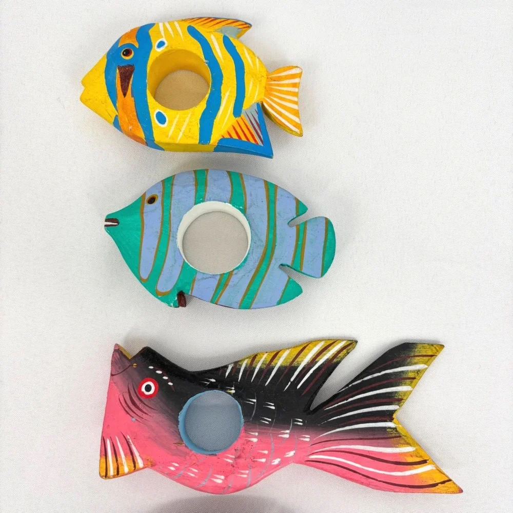 Vintage Hand Painted Wooden Fish Napkin Rings Tropical Nautical Set of 9
